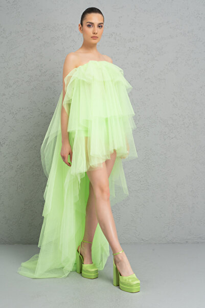 Kikiriki Staplez Volanlı Neon Green Mini Elbise