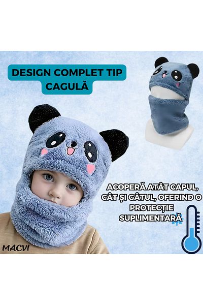 MACVI Caciula copii cagula Macvi® 2 in 1, tematica lumea animalelor, panda zambitor, 1-5 ani, albastru