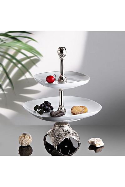 KT HOME 2 Tiers Square Porcelain Serving Persimmon Bowl and Pedestal Presentation Bowl Cake Chocolate Snack Decorative