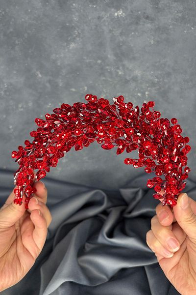Hayalperest boncuk Red Elisa Beaded Bridal Henna Crown Hair and Turban Accessory