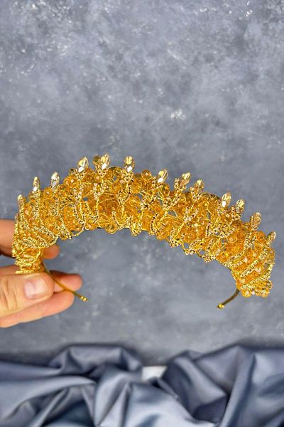 Hayalperest boncuk Honey Color Crystal Bead Embroidered Steaming Bridal Crown