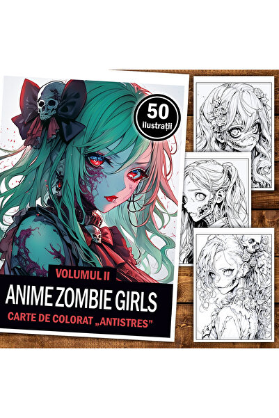 Legendary Gifts Carte de colorat antistres, 50 de ilustrații, fete anime zomb...