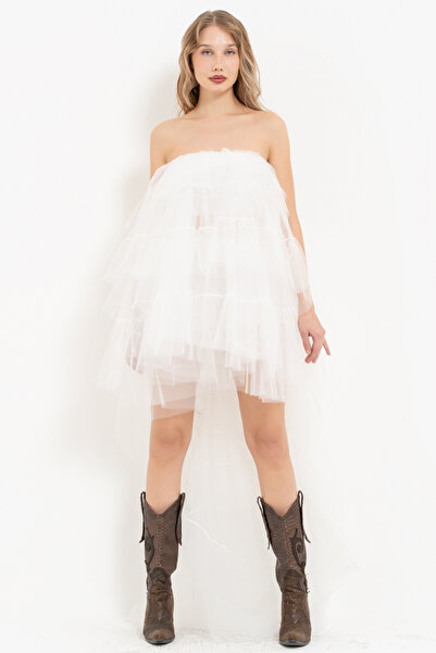 Kikiriki Tül Detaylı Straplez Off white Mini Elbise