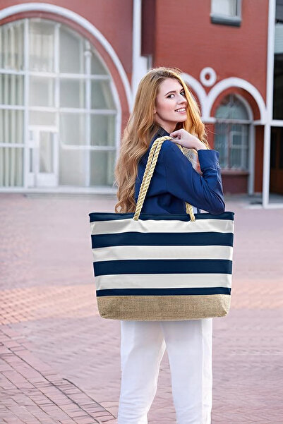 D'VERS Sötétkék víz- és homokálló juta szövet részletes nagy méretű strandtáska