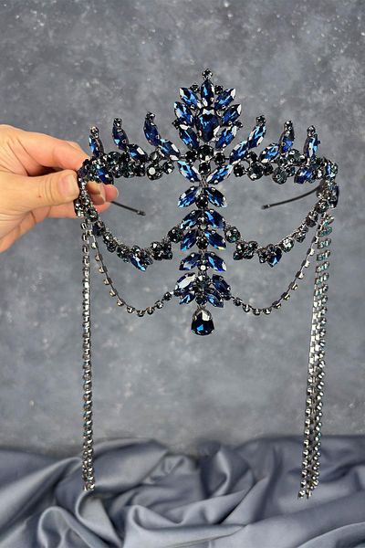 Hayalperest boncuk Navy Blue Dangle Forehead Almeda Bridal Henna Crown