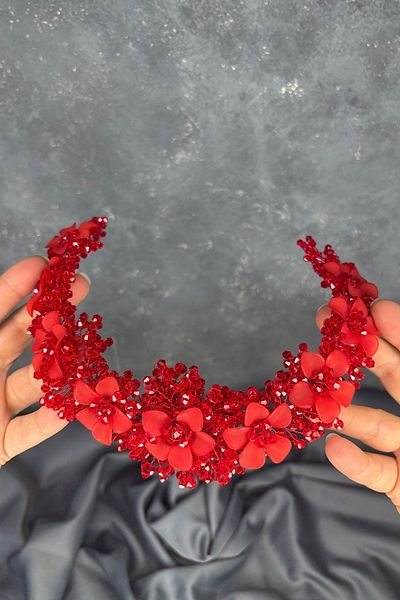 Hayalperest boncuk Red Nileda Crystal Beaded Bridal Henna Crown Hair Accessory