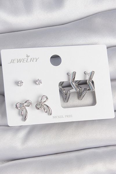 E BULURUM Brass Silver Color Zircon Stone Star Model Bow Detail 3 Pairs Women's Earring Set