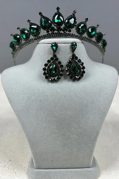 Hayalperest boncuk Neri Model Wedding Henna Costume Crown and Shuttle Earrings Set Green