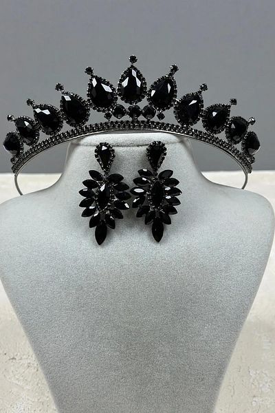 Hayalperest boncuk Neri Model Wedding Henna Costume Crown and Drop Earrings Set Black