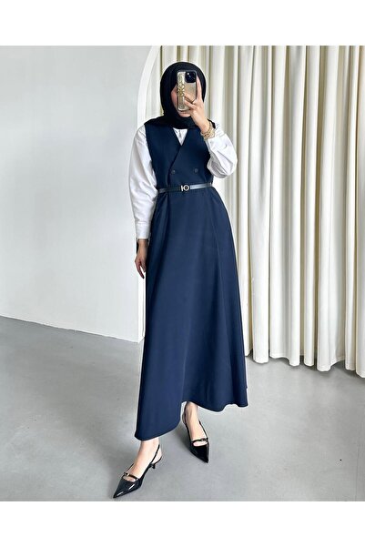 Molly Nelly جيليه نسائي طويل أنيق للغاية بأزرار باللون الأزرق الداكن