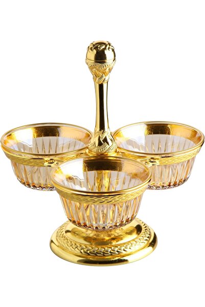 KT HOME Ayaklı Çerezlik Gümüş Metal Cam 3 Bölmeli Servis Çerezlik Sunum Çikol...