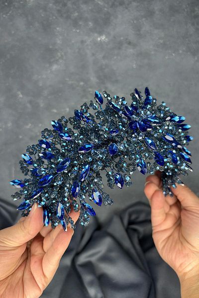 Hayalperest boncuk Indigo Blue Elena Intense Bead Embroidered Bridal Crown Hair and Turban Accessory