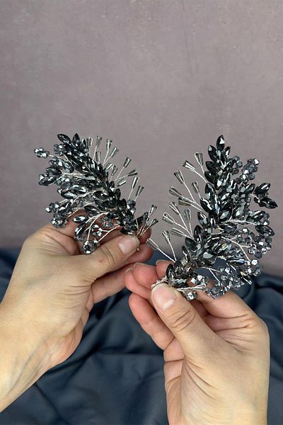 Hayalperest boncuk Anthracite Gray Selis Double Sided Bridal Henna Crown Hair Accessory