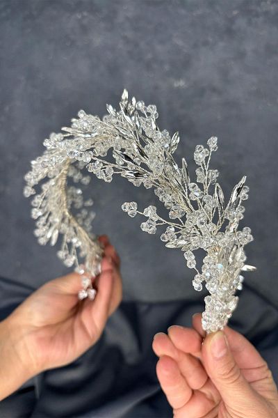 Hayalperest boncuk Transparent Silver Hera Crystal Beaded Bridal Henna Crown Hair and Turban Accessory