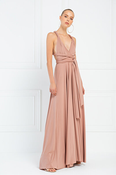 Kikiriki V Yaka Kolsuz Karamel Pileli Uzun Elbise