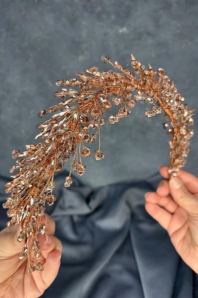Hayalperest boncuk Rose Color Hera Crystal Beaded Bridal Henna Crown Hair and Turban Accessory