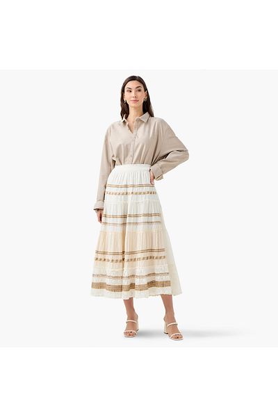 FAV Embroidered Tiered Midi Skirt with Elasticated Waistband