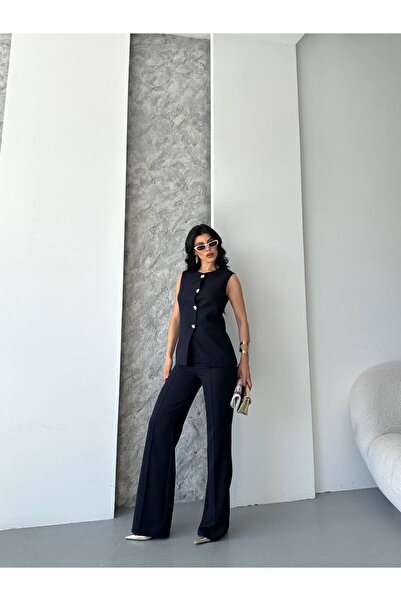 ZF BUTİK Damen-Unter-Oberteil-Set, stilvolles, detailliertes Weste-Hosen-Zweiteiler-Set mit Knöpfen