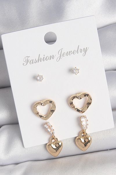 SeyCey.co Brass Gold Color Zircon Stone Dangle Heart Model Women's 3 Pair Earring Set