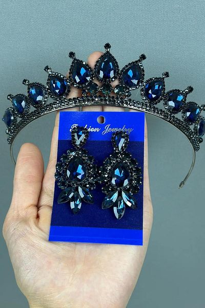 Hayalperest boncuk Neri Model Wedding Henna Costume Crown and Shuttle Drop Earrings Set Navy Blue
