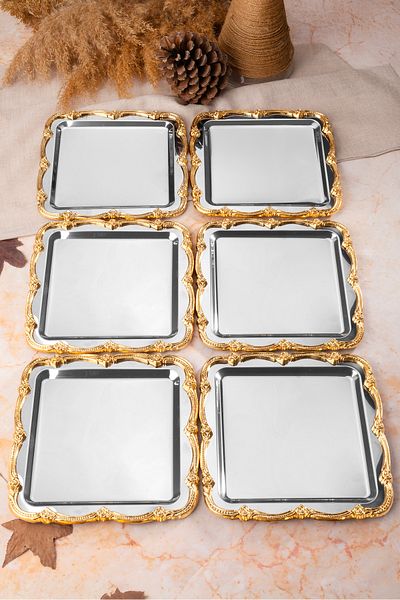 NEWTREND Züccaciye 6-Piece Luxury Gold Cast Rose Framed Silver Square Engagement, Dowry, Coffee, Tea Presentation Service Tray