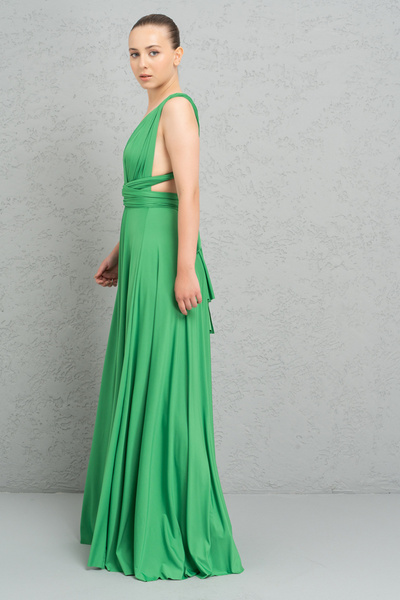 Kikiriki V Yaka Kolsuz Kelly Green Pileli Uzun Elbise