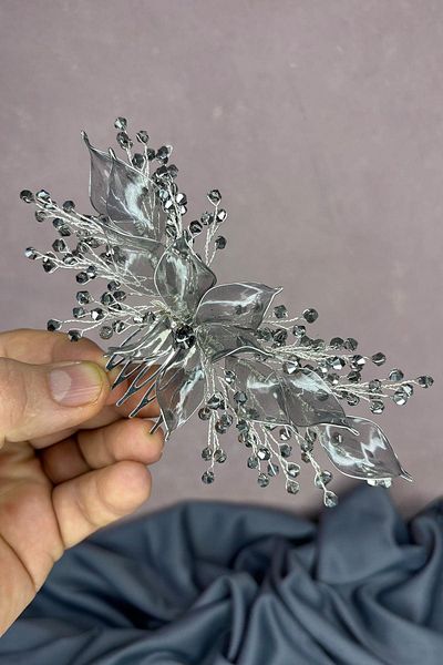 Hayalperest boncuk Anthracite gray pearlescent scalloped bridal hair accessory