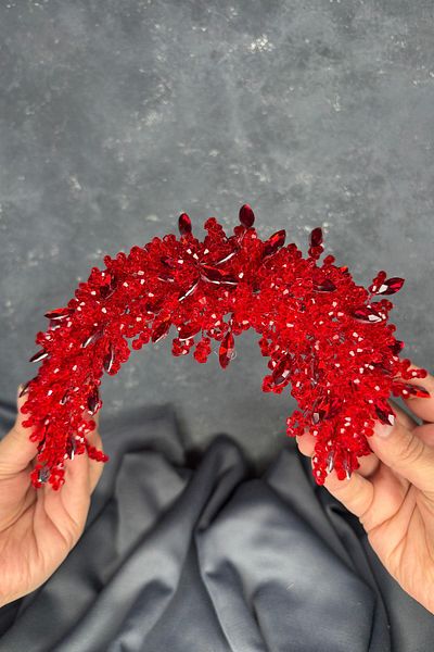 Hayalperest boncuk Red Elena Intense Bead Embroidered Bridal Crown Hair and Turban Accessory