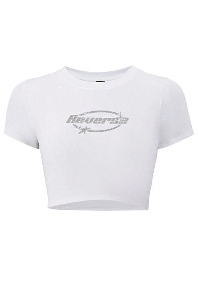 BRZ COLLECTION Women's Reverse Crystal Stone Printed Crop T-Shirt White