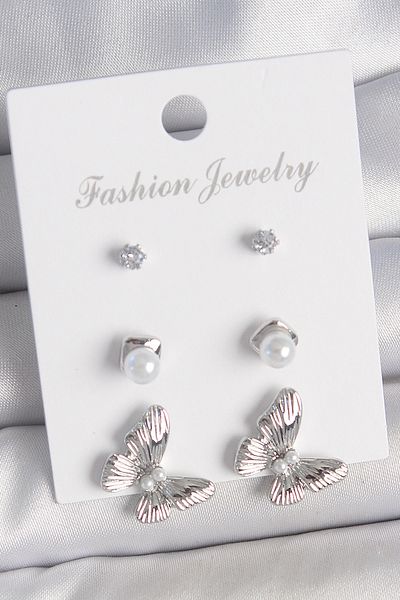 E BULURUM Brass Silver Color Zircon Stone Pearl Detailed Butterfly Model 3 Pair Women's Earring Set