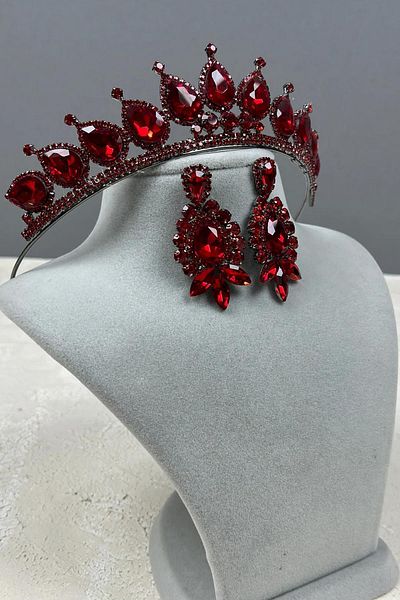 Hayalperest boncuk Neri Model Wedding Henna Costume Crown and Shuttle Drop Earrings Set Red