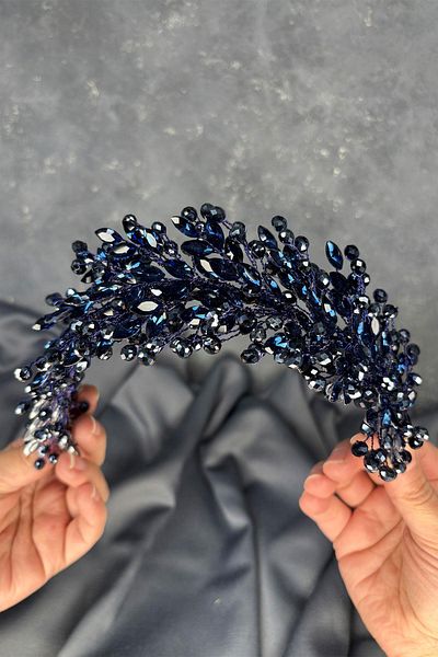 Hayalperest boncuk Navy Blue Elisa Beaded Bridal Henna Crown Hair and Turban Accessory