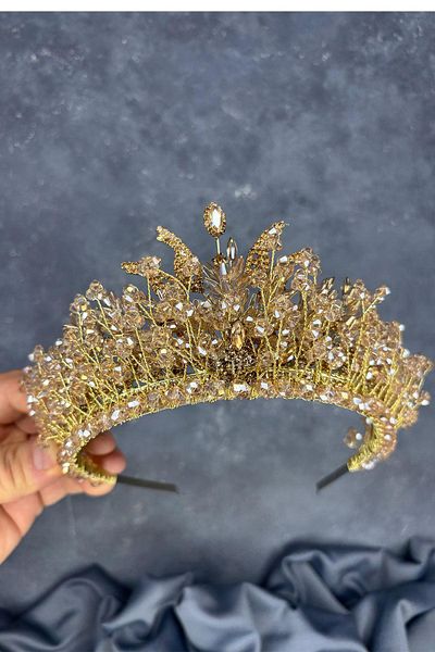 Hayalperest boncuk Honey Color Livan Beaded Bridal Henna Crown Hair Accessory