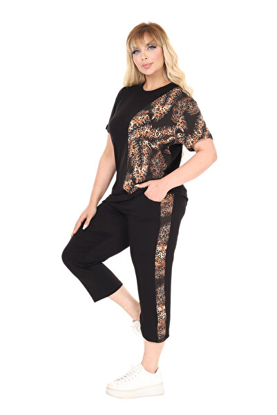 MELSAY Дамски черен комплект с къс ръкав и мотиви на шипове