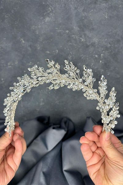 Hayalperest boncuk Transparent Silver Laurel Bridal Crown Hair and Turban Accessory