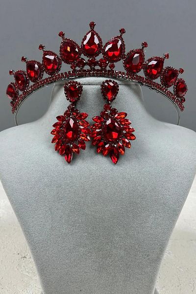 Hayalperest boncuk Neri Model Wedding Henna Costume Crown and Drop Shuttle Earrings Set Red