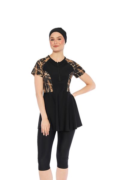 İKSUN Women's Short Sleeve Semi-Covered Hijab Swimsuit with Tights Bonnet Suit Short Arm Swimsuit