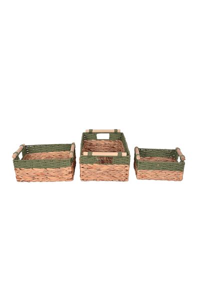 Bahçem Decorative Water Hyacinth / Water Hyacinth Rectangular Green Detailed Wooden Handle Basket Set of 3