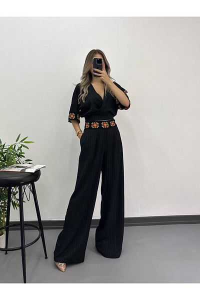sportiness Süzene Embroidered Double Breasted Collar with Belt Crop Linen Fabric Set