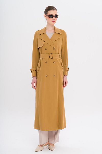 Olcay Double Breasted Leopard Pattern Lined Water Repellent Long Trench Coat Taba 6747