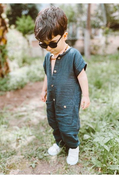 Cigit Pocketed Muslin Jumpsuit Age 0-3 Anthracite