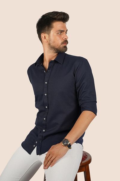 Etikmen Navy Blue Diamond Pattern Slimfit Men's Shirt with Gift Box