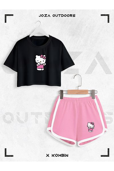 Jobia Outdoors Women's Hello Kitty Printed Design Summer Oversize Crop and Bias Shorts 2 Piece Set