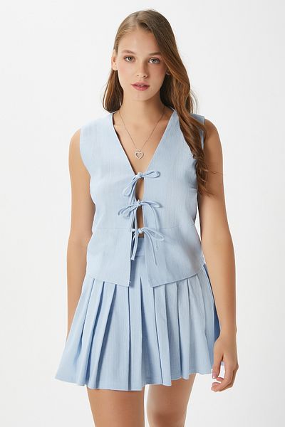 Ritnice Women's Zera Linen Cotton Blue Vest Waist Elastic Skirt Bottom Top Set