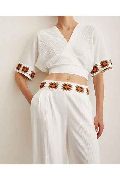 sportiness Süzene Embroidered Double Breasted Collar with Belt Crop Linen Fabric Set