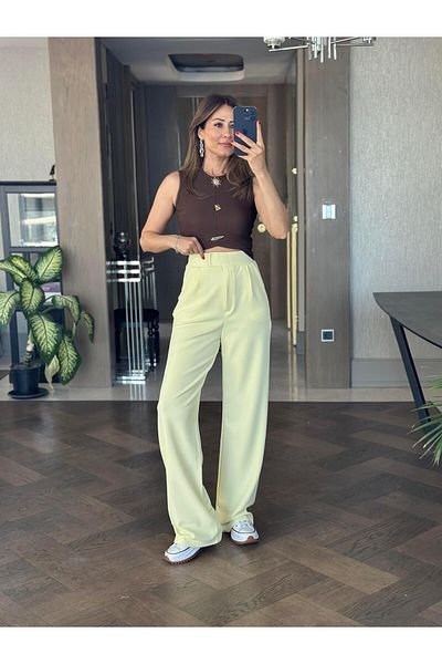 Forlady Butik Yellow Lycra Crepe Palazzo Women's Trousers with Velcro Waist