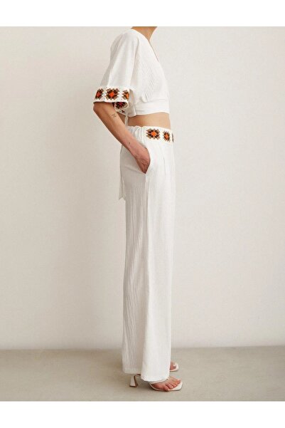 sportiness Süzene Embroidered Double Breasted Collar with Belt Crop Linen Fabric Set