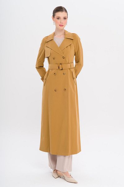 Olcay Double Breasted Leopard Pattern Lined Water Repellent Long Trench Coat Taba 6747