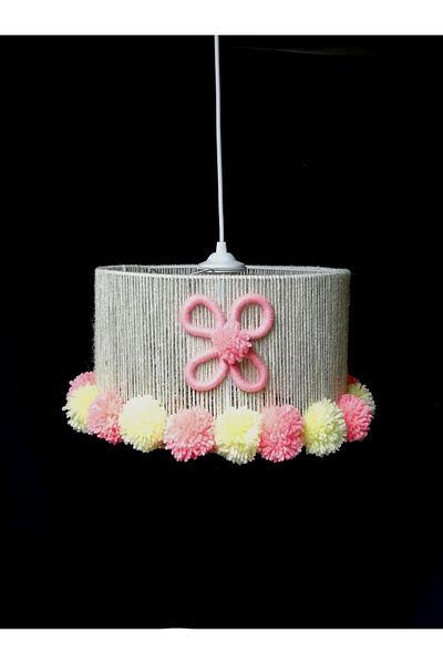 TEKAY AYDINLATMA Ecru Jute Rope Wrapped Pink Pompom Baby Girl and Children's Room Chandelier