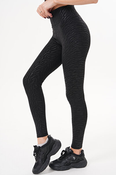 lzv Γυναικείο μαύρο εμπριμέ κολάν συσπειρώματος - ψηλόμεσο, ύφασμα Premium Diver, ειδικό σχέδιο με υφή